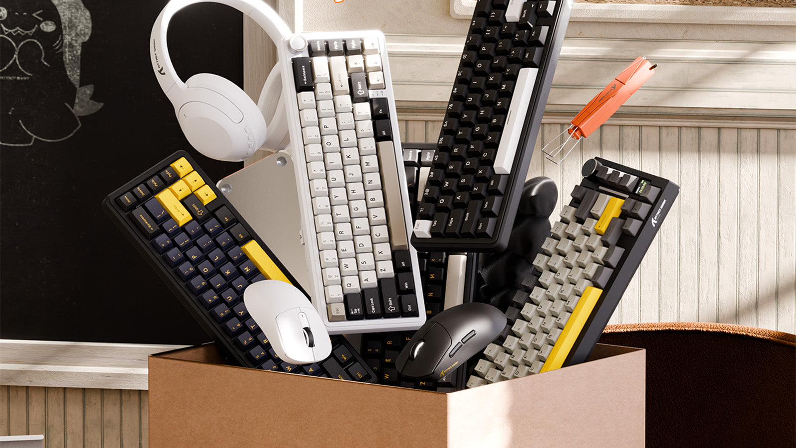 A dynamic, overflowing arrangement of gaming peripherals bursting out of a cardboard box