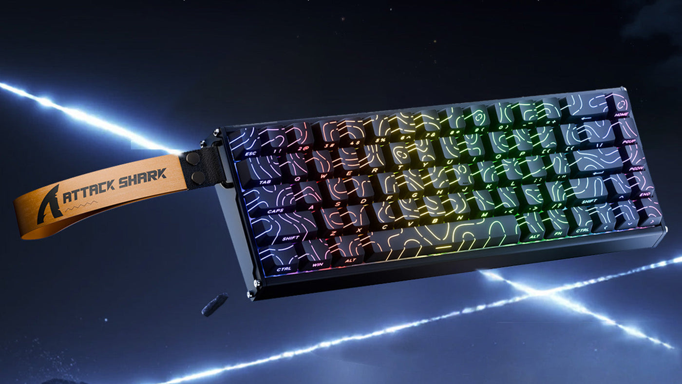 Attack Shark mechanical keyboard with RGB lighting and yellow strap in a space setting.