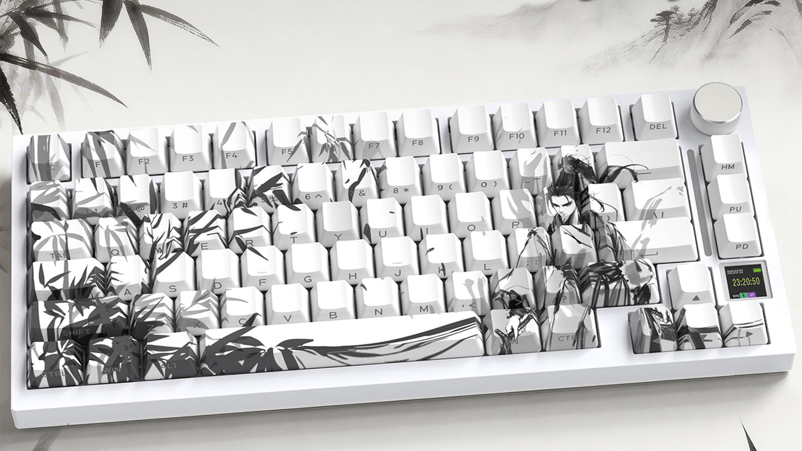 75-key white mechanical gaming keyboard with ink wash painting keycaps, rotary knob, and digital display.