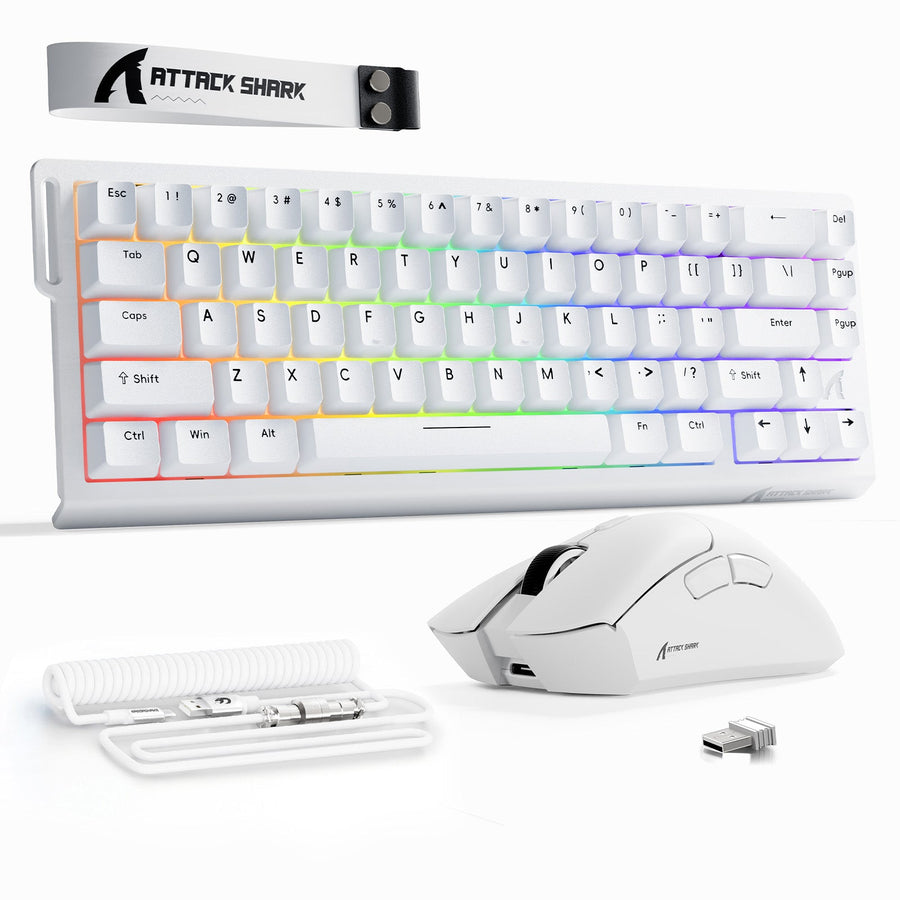 ATTACK SHARK gaming keyboard, mouse, and coiled cable arranged as a coordinated desk setup