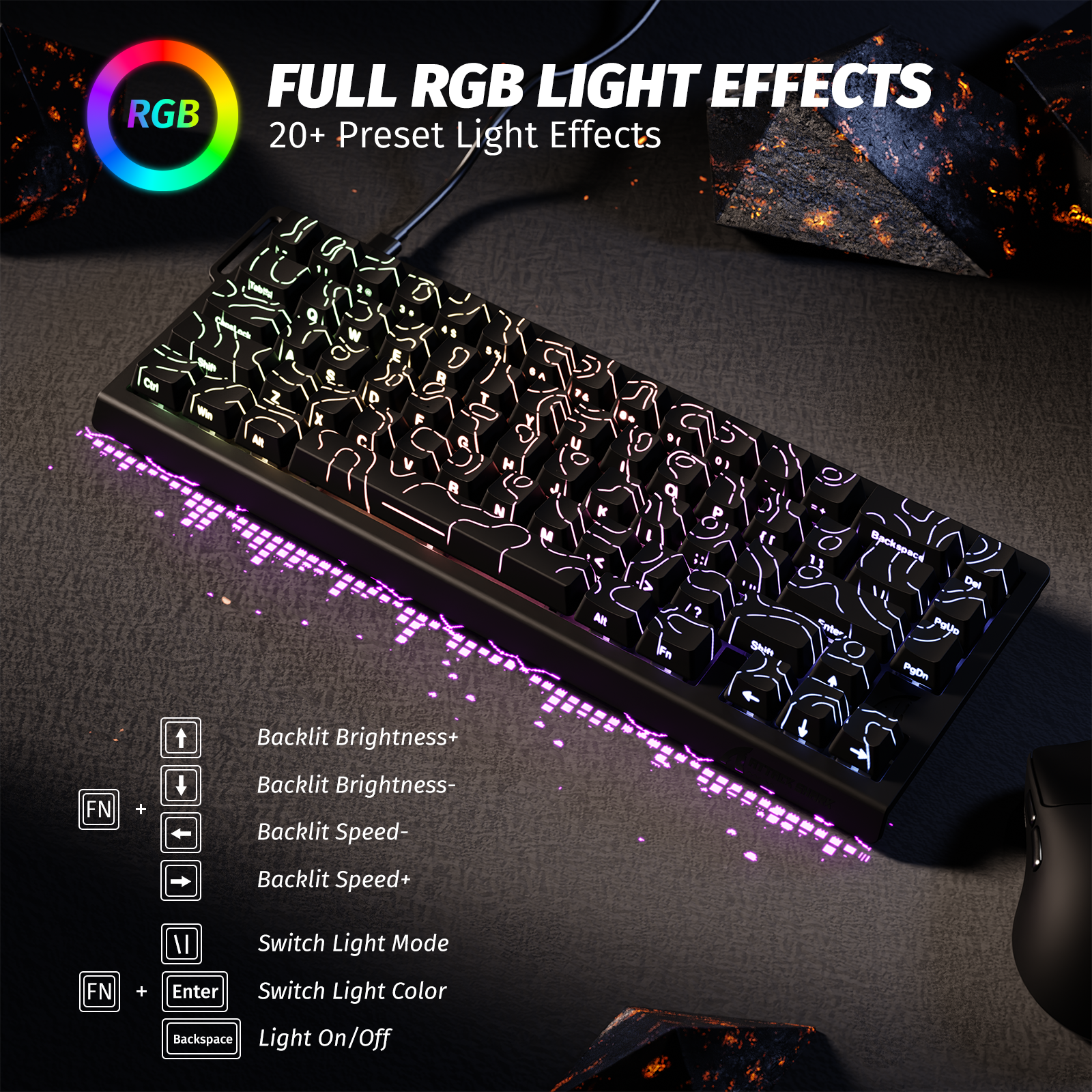 X68 HE keyboard with customizable RGB lighting, 20+ preset effects