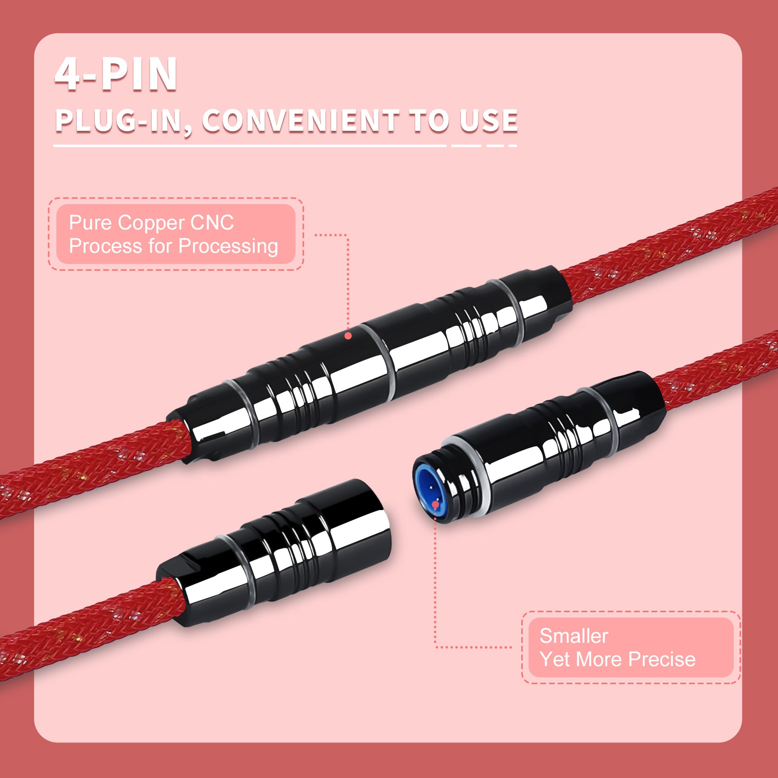 ATTACK SHARK C05 coiled cable with red braided sleeve and detachable 4-pin aviation connector.