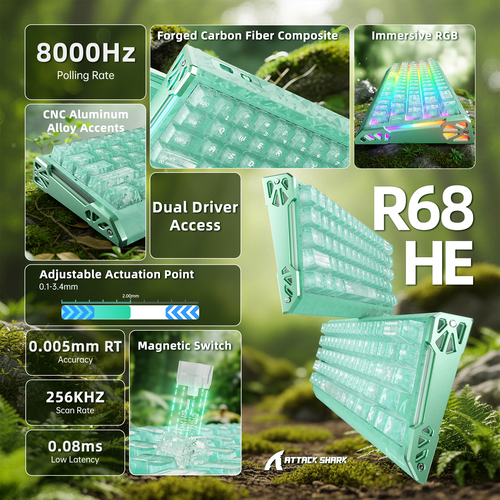 ATTACK SHARK R68 HE Carbon Fiber Rapid Trigger Keyboard Magnetic Switch