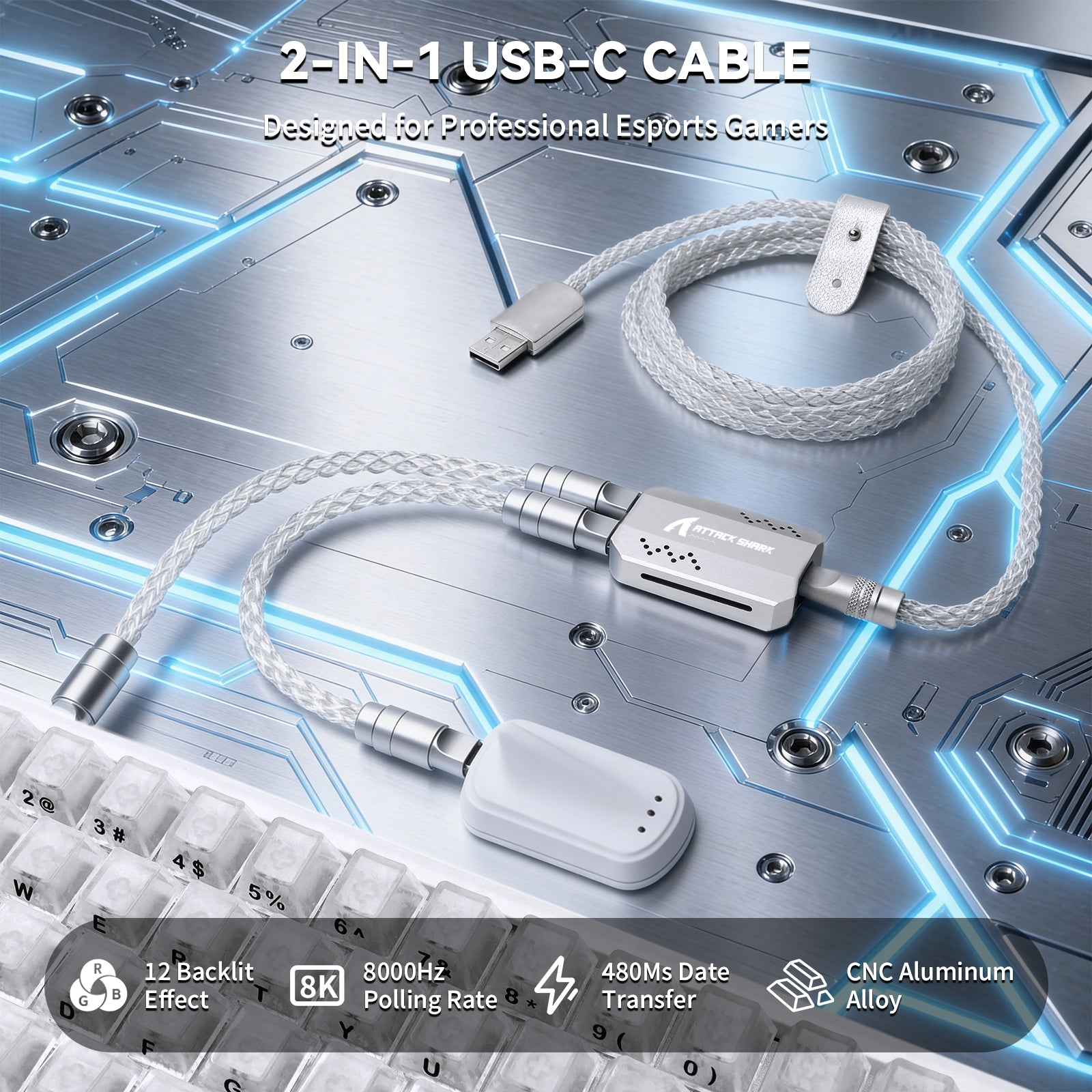 ATTACK SHARK C07 PRO 2-In 1 Type C Cable for 8KHz Gaming Keyboard/Mouse