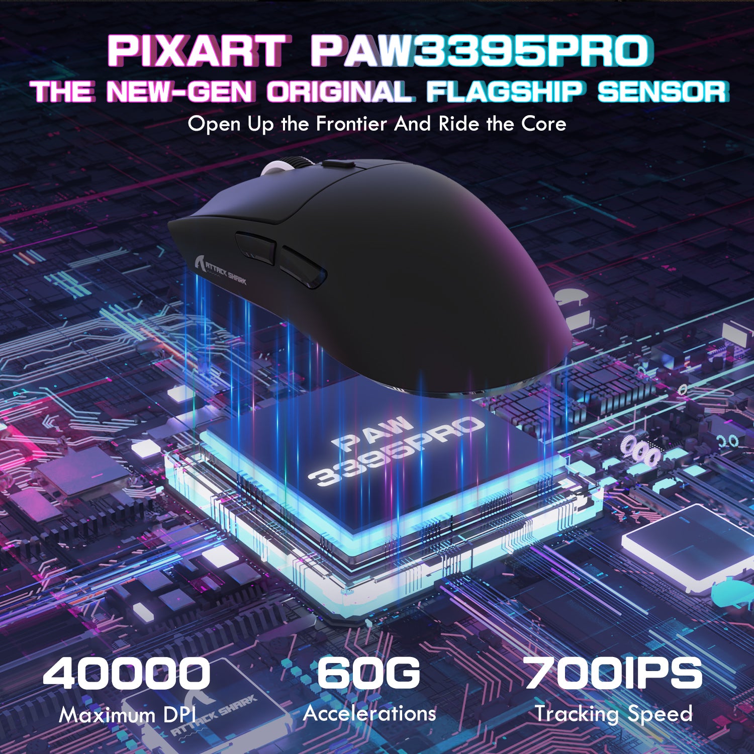 ATTACK SHARK X1 gaming mouse with PAW3395PRO sensor, 40000 DPI, 60G acceleration, and 700IPS tracking speed