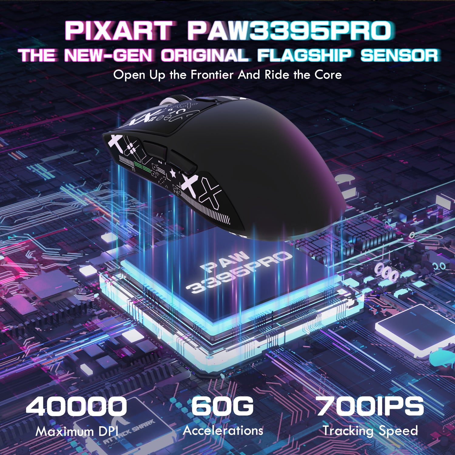 ATTACK SHARK X1 gaming mouse featuring PAW3395PRO sensor, 40000 DPI, 60G acceleration, and 700IPS tracking speed.