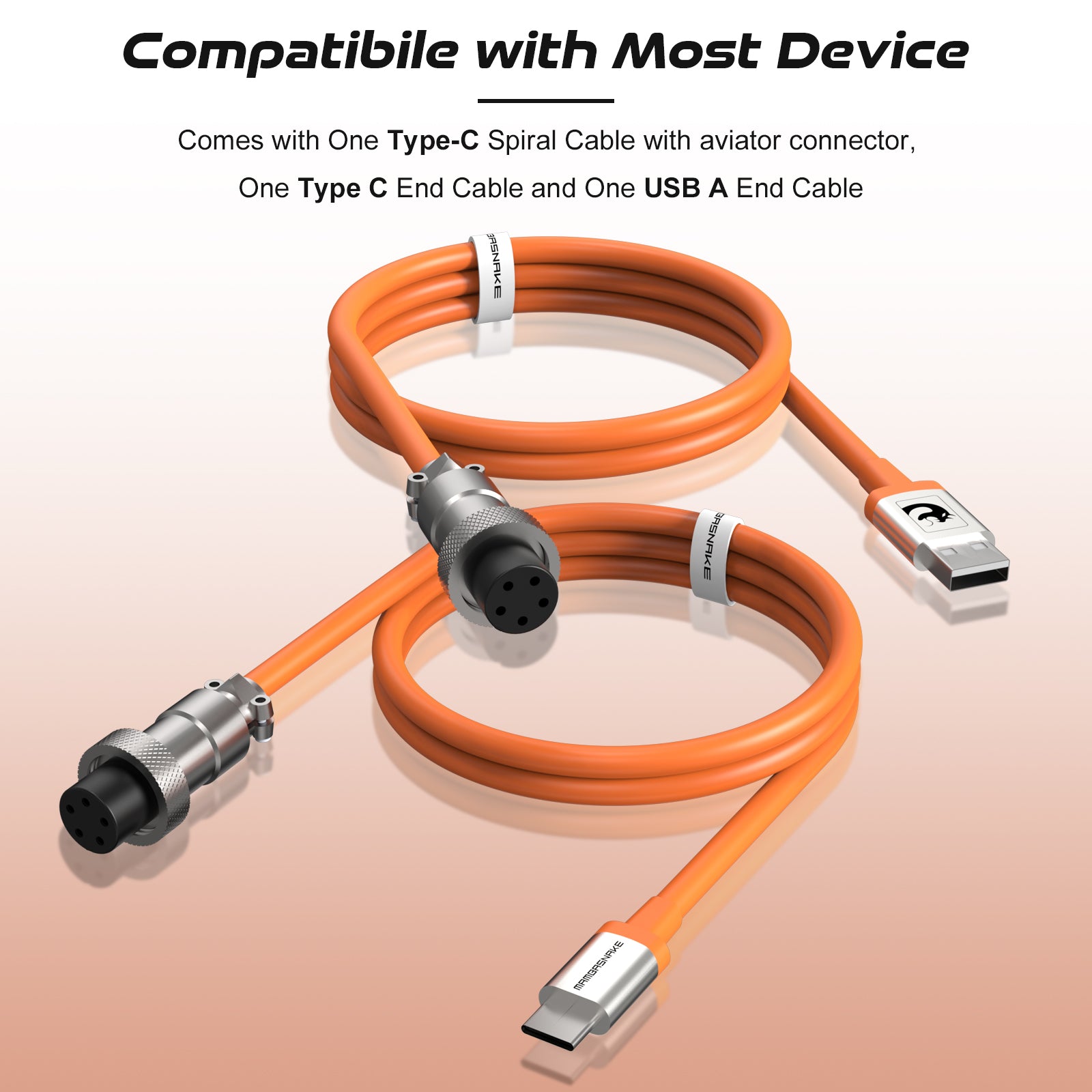 ATTACK SHARK C04 orange coiled USB-A to Type-C cable with detachable metal aviation plug.