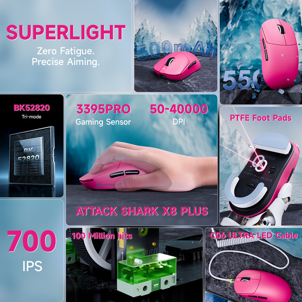 ATTACK SHARK X8 PLUS Tri-mode Wireless Gaming Mouse With C06 ULTRA Cable