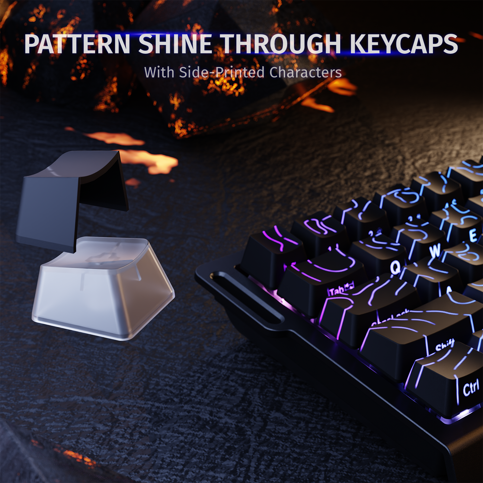 X68 HE keyboard keycaps with side-printed characters and shine-through lighting