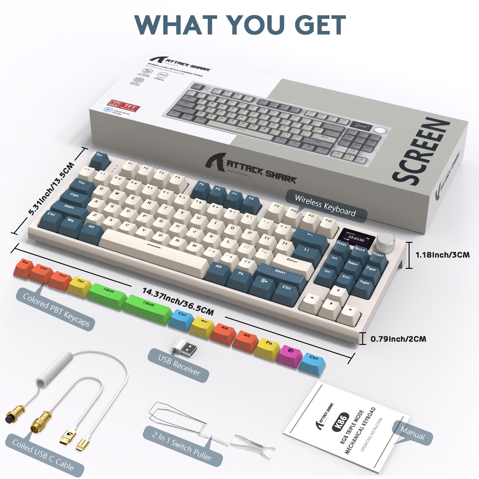 ATTACK SHARK K86 Pro 75% wireless mechanical keyboard with RGB, TFT screen, and PBT keycaps.