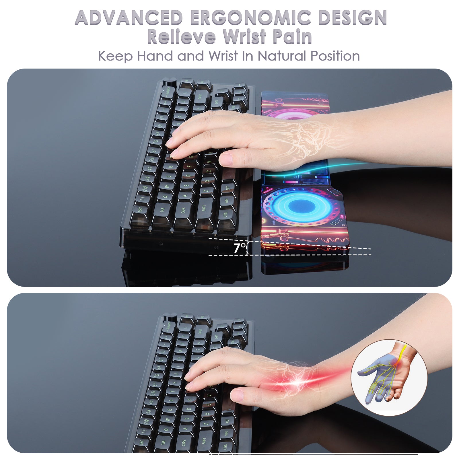 ATTACK SHARK acrylic wrist rest with pattern supporting hand at 7-degree angle for ergonomic keyboard use.