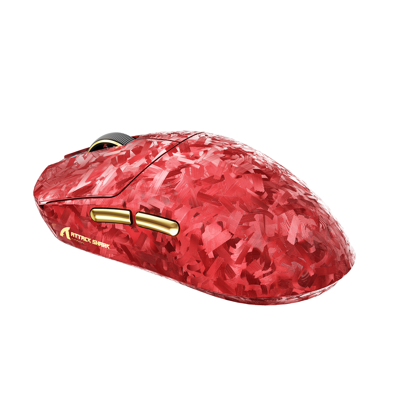 Red carbon fiber ATTACK SHARK RS3 ULTRA wireless gaming mouse with gold side buttons