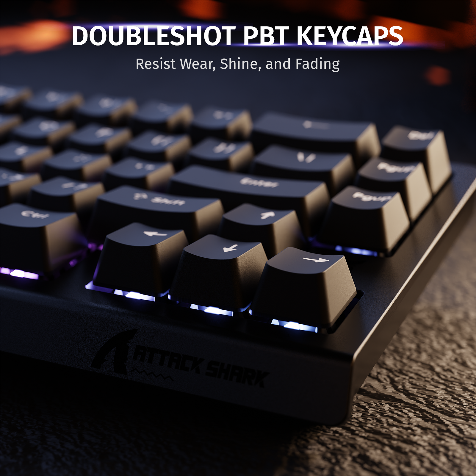 ATTACK SHARK X68 HE keyboard with Doubleshot PBT keycaps, showing RGB backlighting and logo.
