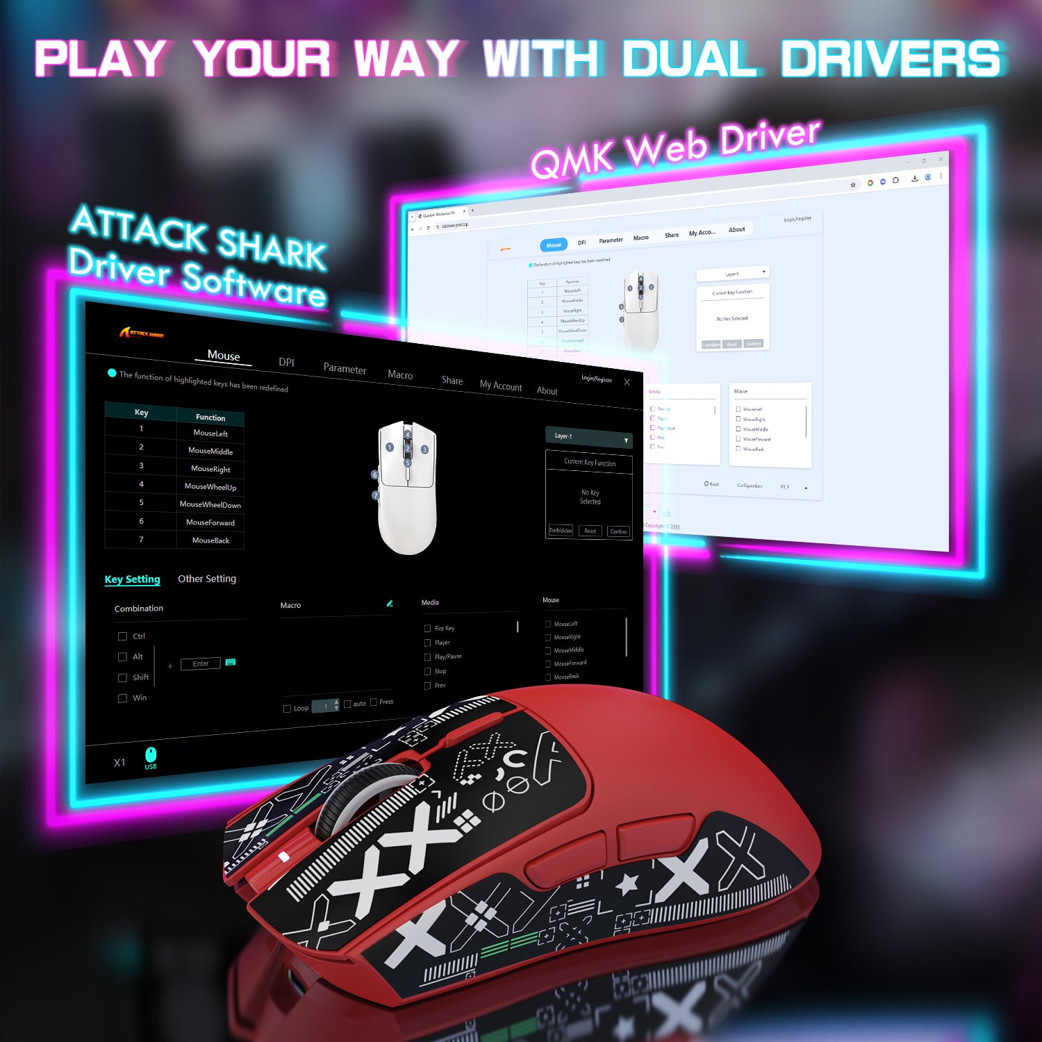 Red ATTACK SHARK X1 gaming mouse with customizable driver software displayed on screen