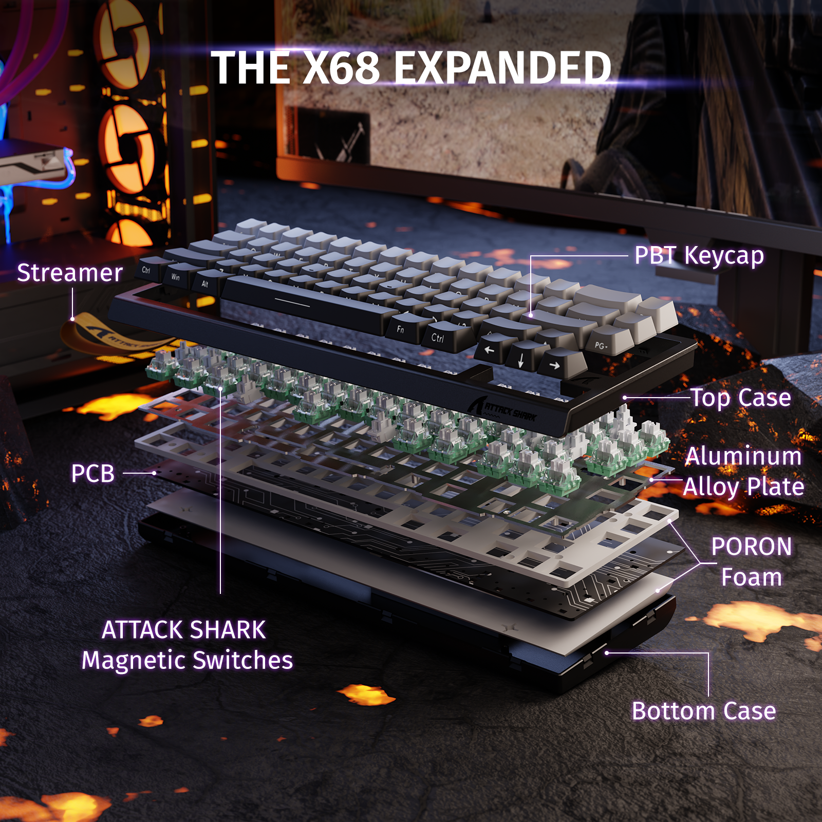 X68 HE keyboard exploded view: Magnetic switches, PBT keycaps, and premium build by Attack Shark.
