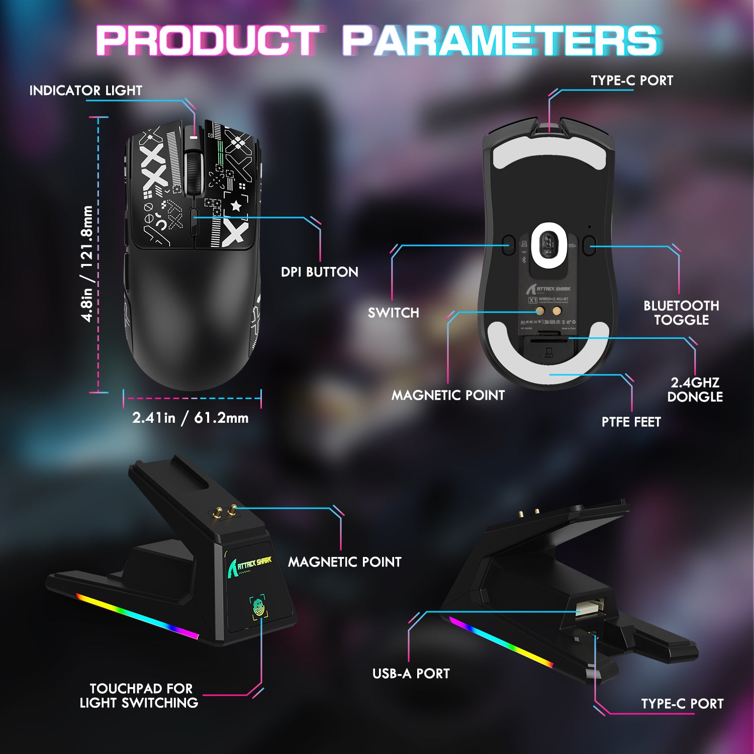 ATTACK SHARK X1 gaming mouse and RGB charging dock with product parameters labeled.