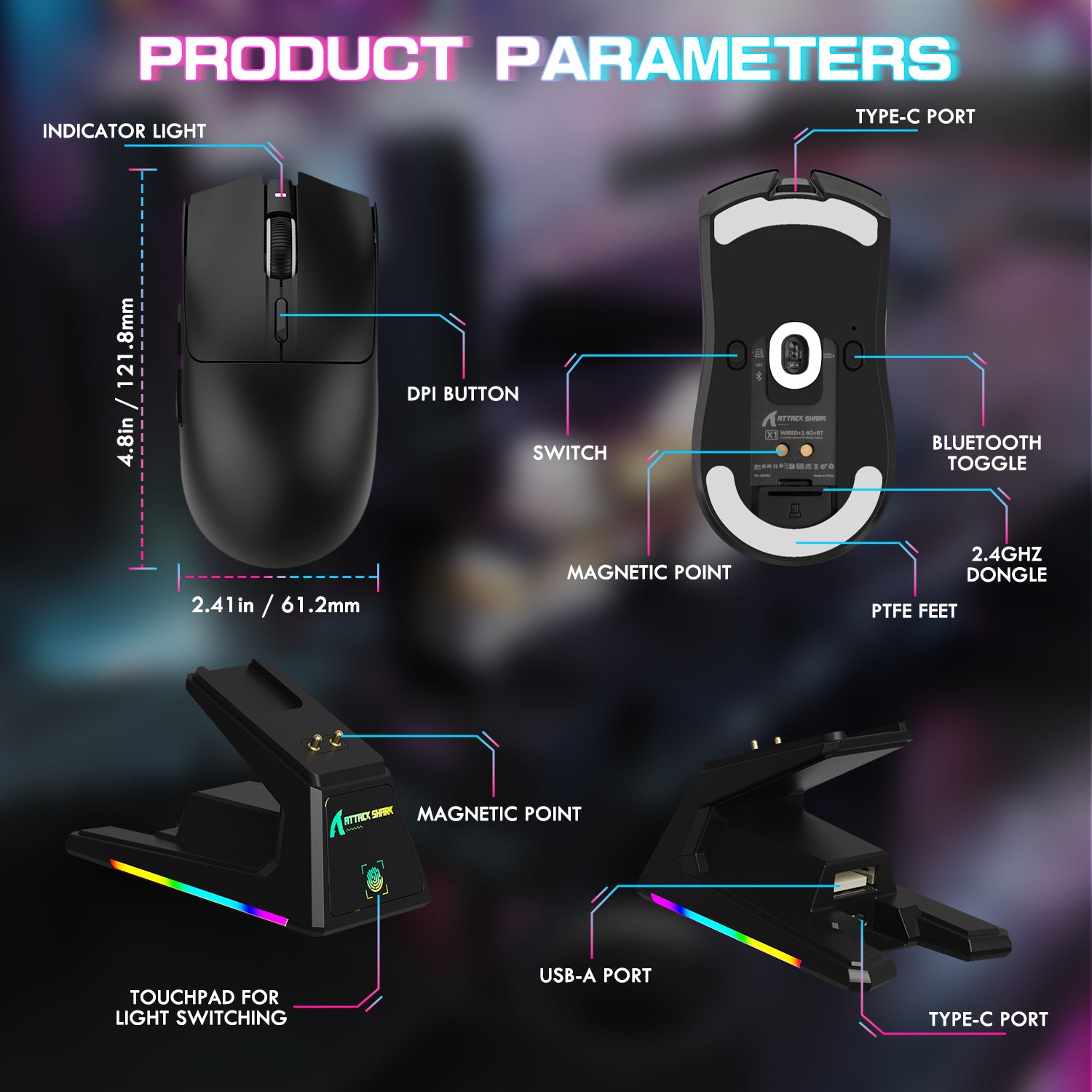 ATTACK SHARK X1 gaming mouse product parameters: black design, touchpad, DPI button, and charging dock features
