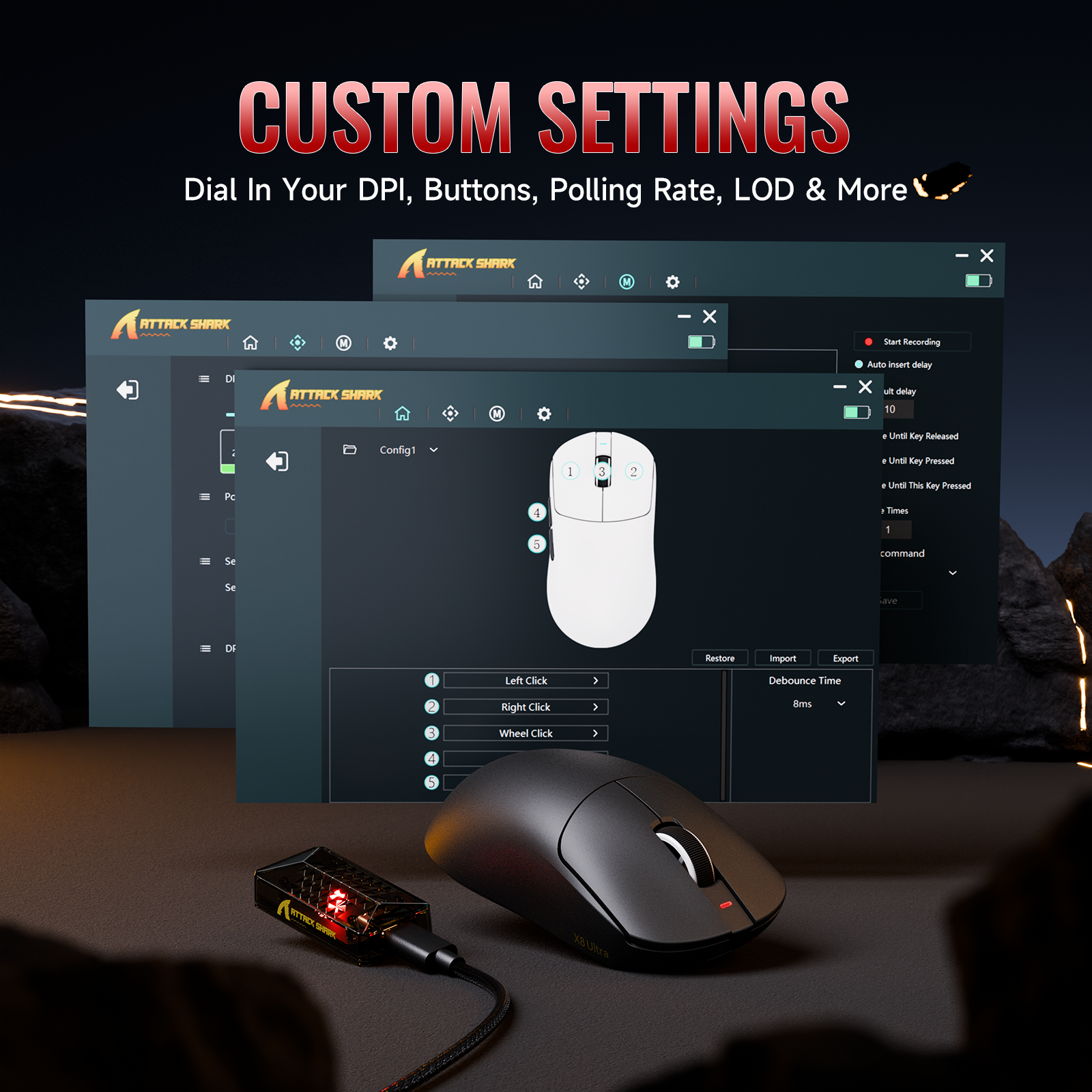 ATTACK SHARK X8 series gaming mouse comparison chart with sensor, polling rate, DPI, battery and switch specs