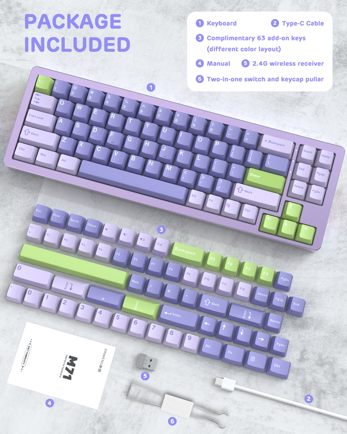 ATTACK SHARK M71 keyboard package includes keyboard, USB-C cable, extra keys, manual, wireless receiver, puller.