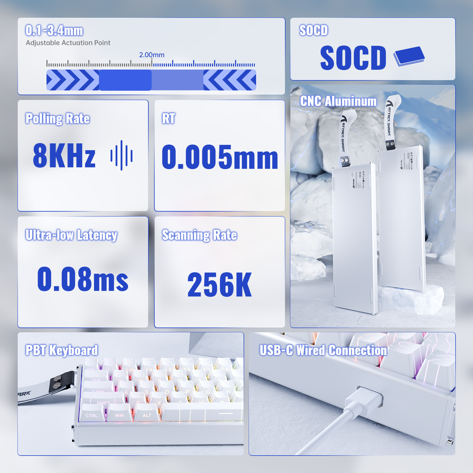 ATTACK SHARK X68MAX HE keyboard: 0.1-3.4mm actuation, 8KHz polling, 0.005mm RT, 0.08ms latency, 256K scan, CNC aluminum, PBT keycaps, USB-C.