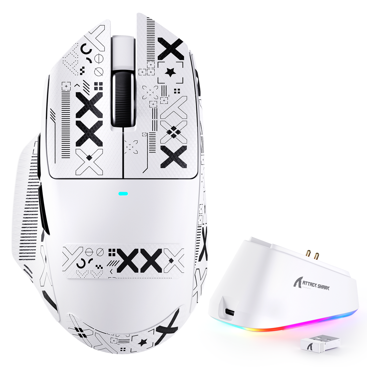 Black ATTACK SHARK V6 ultra-light tri-mode gaming mouse with perforated shell and RGB lighting