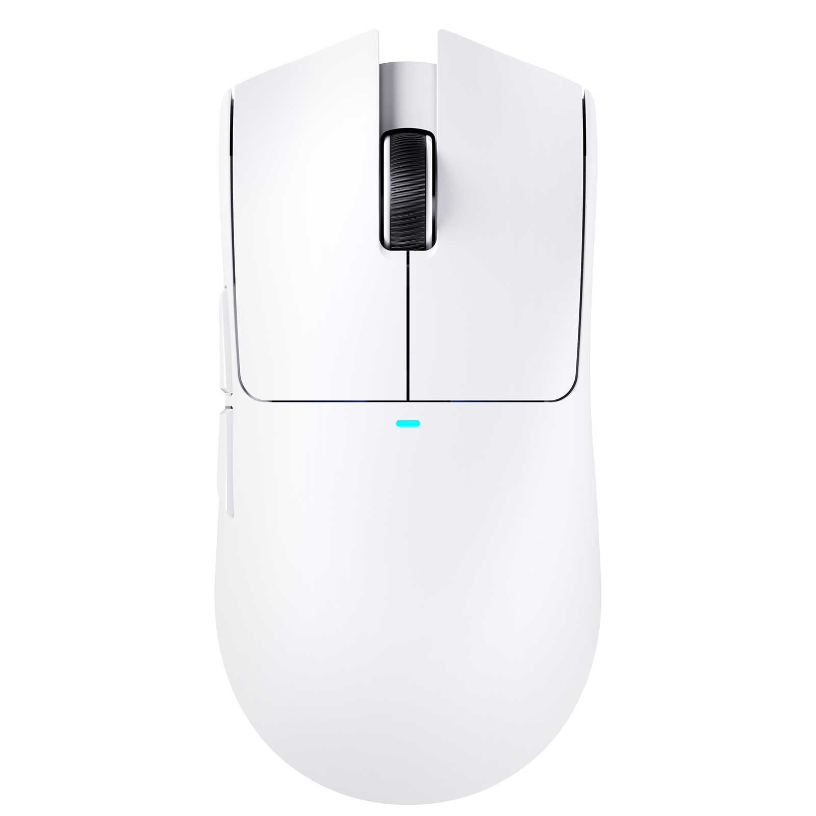 White Attack Shark X115E wireless gaming mouse, top view with black scroll wheel and glowing blue LED.