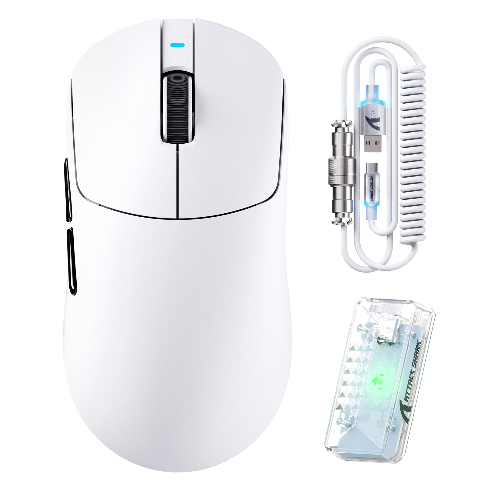 White Attack Shark wireless gaming mouse with coiled charging cable and transparent battery pack featuring green LED.