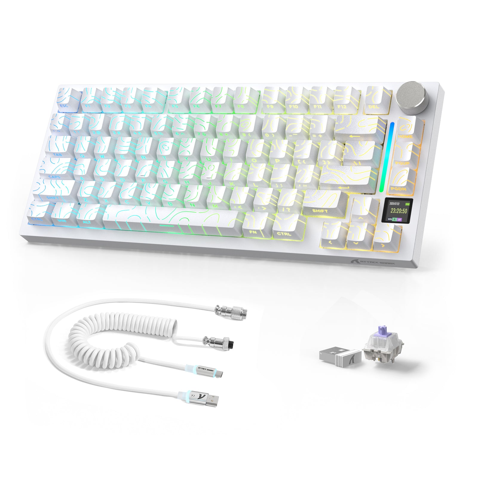 ATTACK SHARK X820ULTRA mechanical keyboard with topographic pattern keycaps, TFT screen, and coiled USB-C cable.