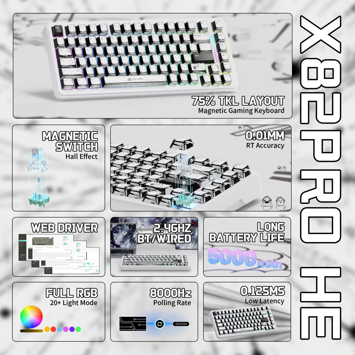 White compact gaming keyboard with illuminated keys, used as a visual reference when comparing keyboard layouts and color choices.
