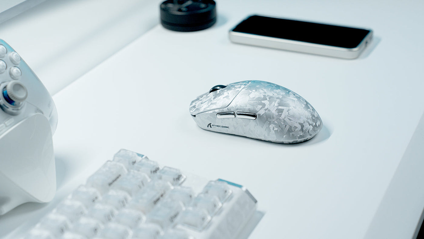 ATTACK SHARK RS3 Ultra white carbon fiber wireless gaming mouse on desktop setup