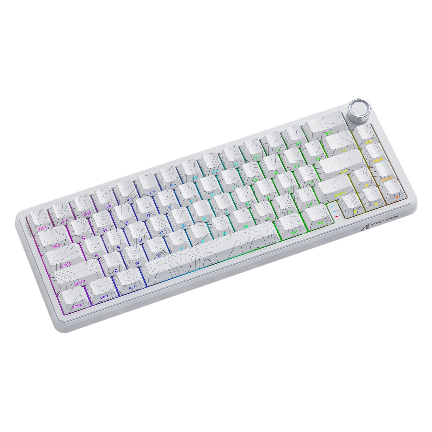 ATTACK SHARK X65PRO HE white keyboard with topographic line art keycaps and RGB lighting