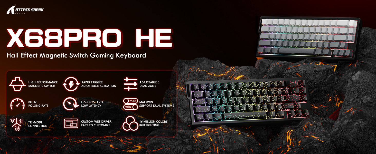 ATTACK SHARK X68PRO HE Wireless Rapid Trigger Keyboard With Coiled Cable