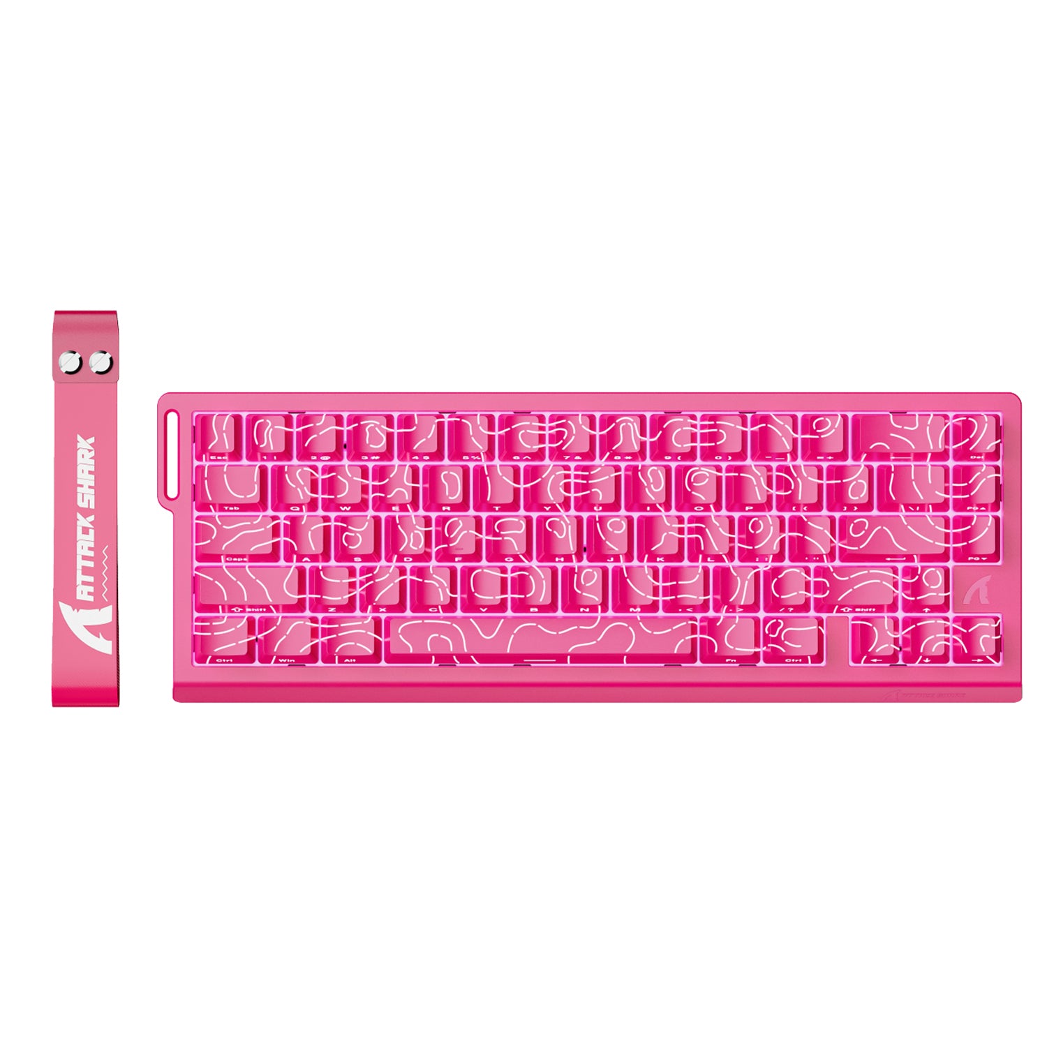 ATTACK SHARK X68 HE pink keyboard with white topographic pattern keycaps and RGB lighting.