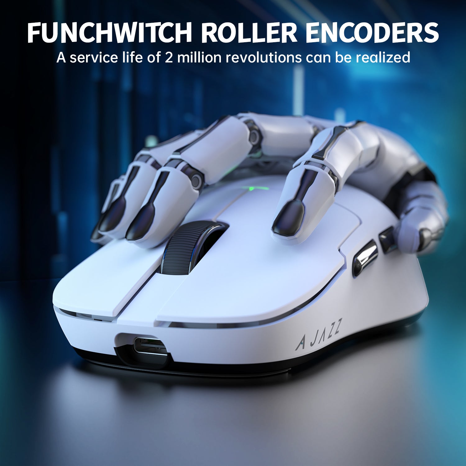 ATTACK SHARK x AJ159P white gaming mouse with robotic hand, featuring Funswitch Roller Encoders.