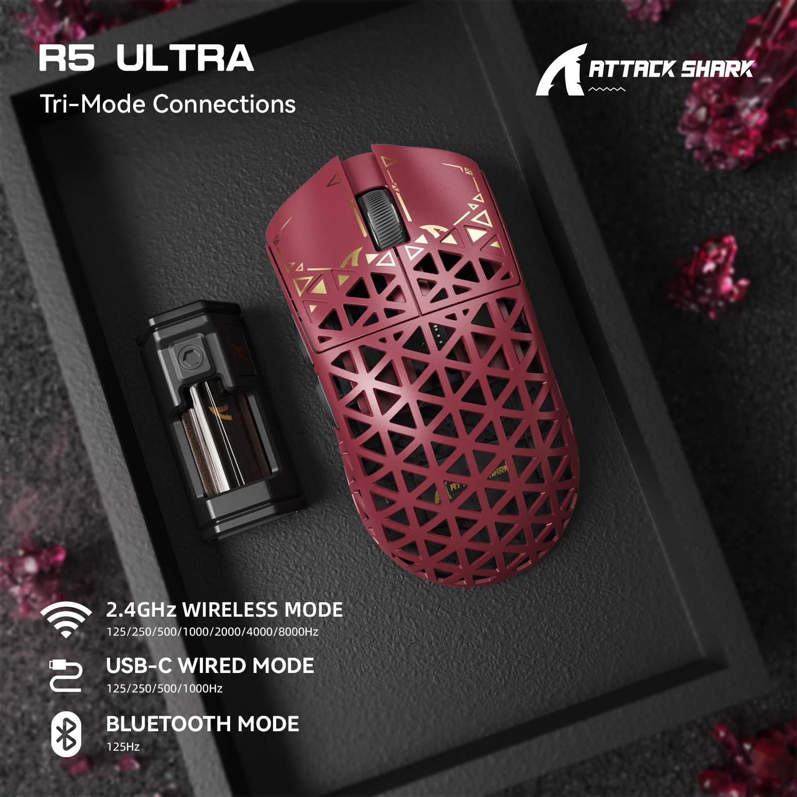 ATTACK SHARK R5 Ultra gaming mouse in red carbon fiber, featuring tri-mode connectivity and honeycomb design
