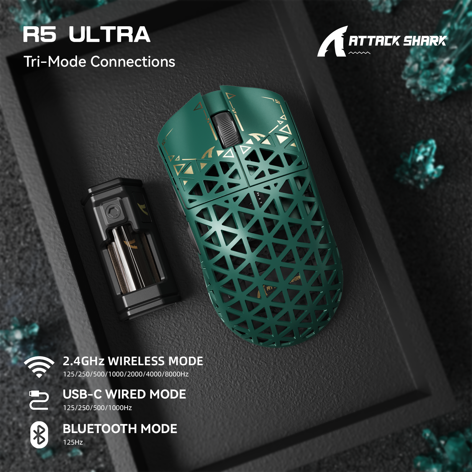 ATTACK SHARK R5 Ultra green honeycomb gaming mouse with gold accents and USB-C dongle, showing tri-mode connectivity.