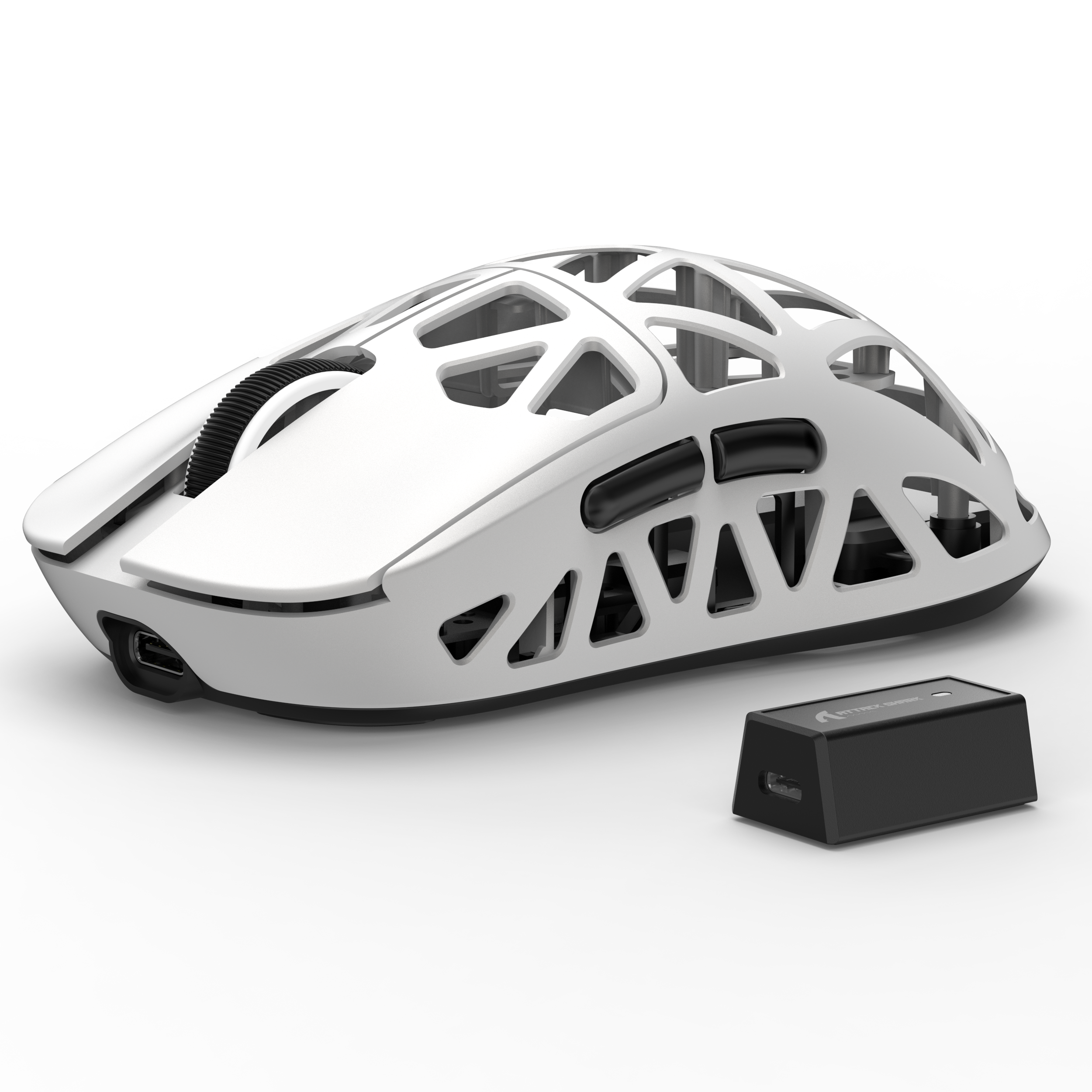 White ATTACK SHARK R2 magnesium alloy 8K gaming mouse with hollow design and USB-C. Includes black wireless receiver.