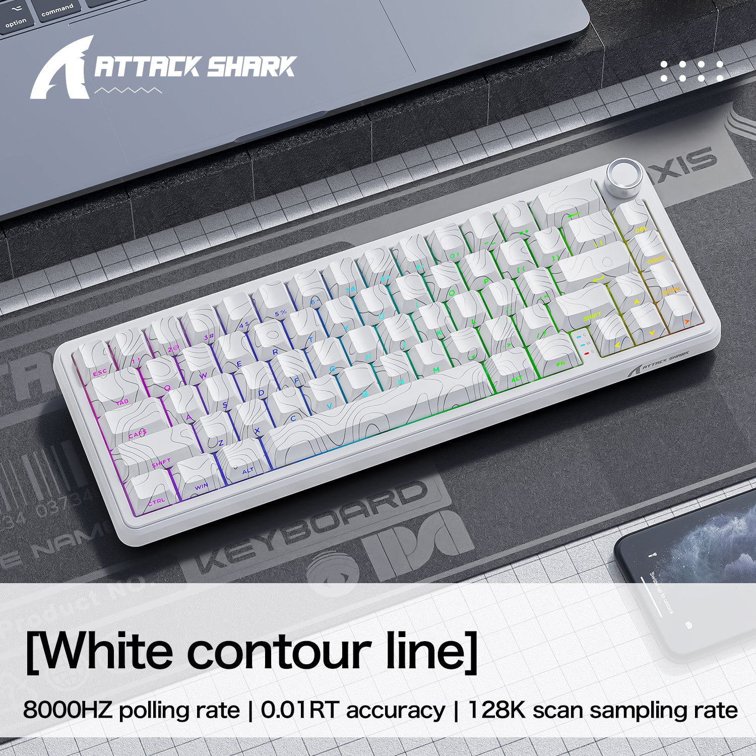 White ATTACK SHARK X65PRO HE keyboard with contour lines, 8000Hz polling, 0.01RT accuracy, 128K scan rate.