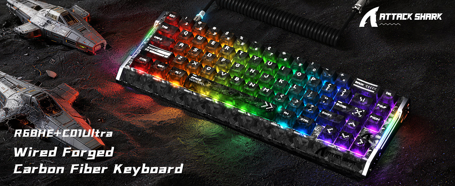 ATTACK SHARK R68 HE Carbon Fiber Wired Rapid Trigger Magnetic Switch Keyboard With C01 Ultra RGB Coiled Cable