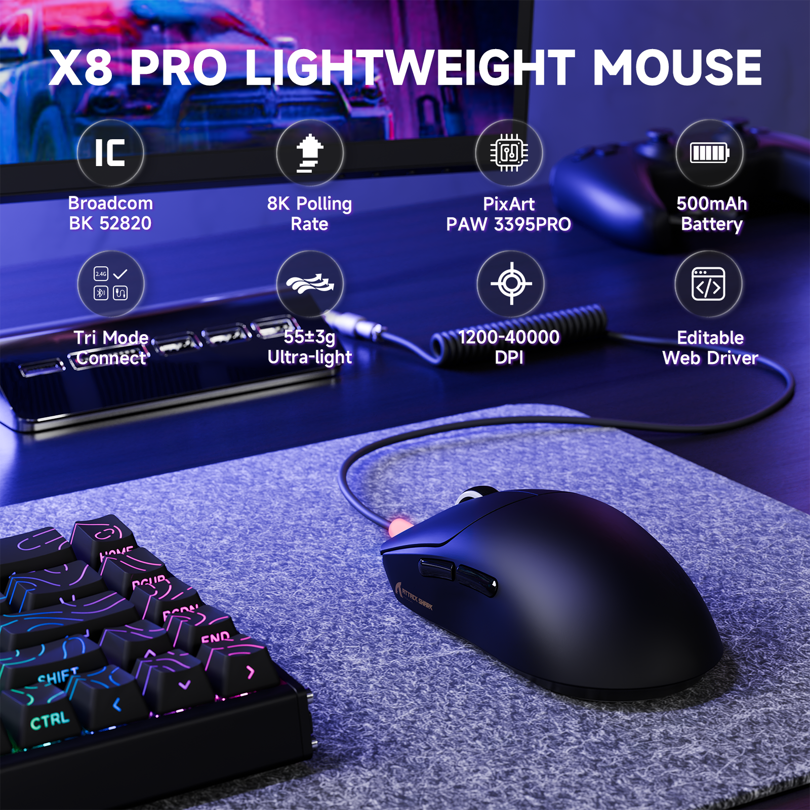 ATTACK SHARK X8PRO Ultra-Light Wireless Gaming Mouse & C06ULTRA Cable
