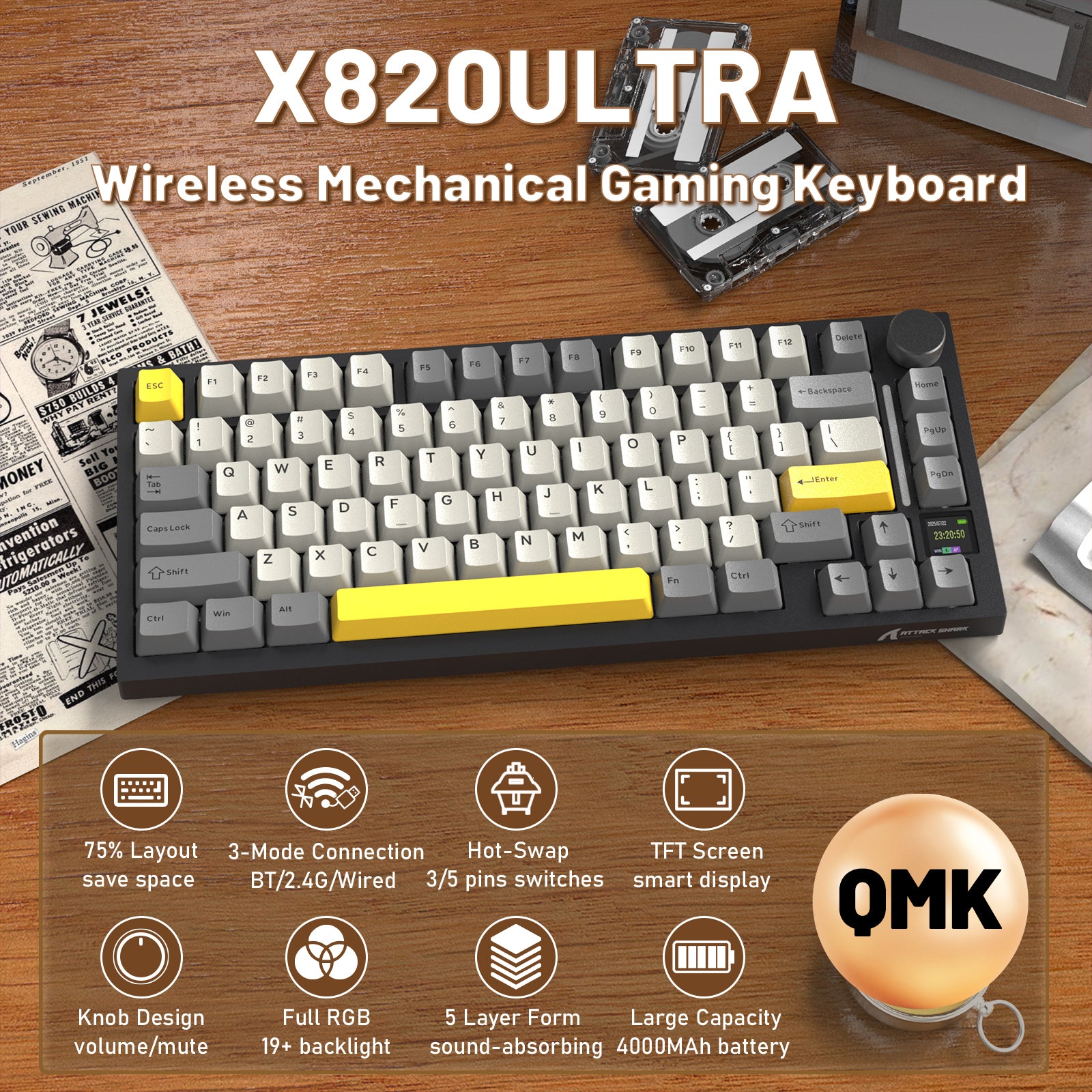 ATTACK SHARK X820ULTRA Mechanical Keyboard with C01ULTRA Coiled Cable