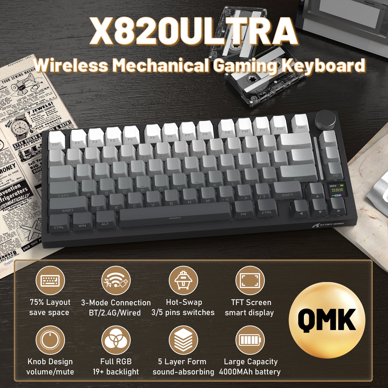 ATTACK SHARK X820ULTRA Mechanical Keyboard with C01ULTRA Coiled Cable