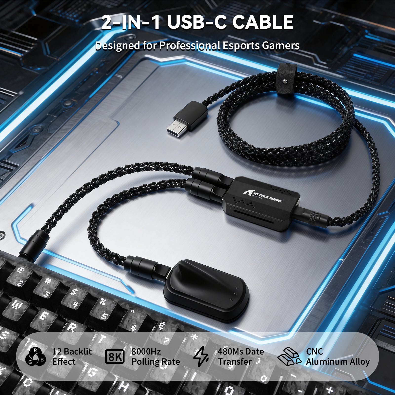 ATTACK SHARK C07 PRO 2-In 1  Type C Cable for 8KHz Gaming Keyboard/Mouse