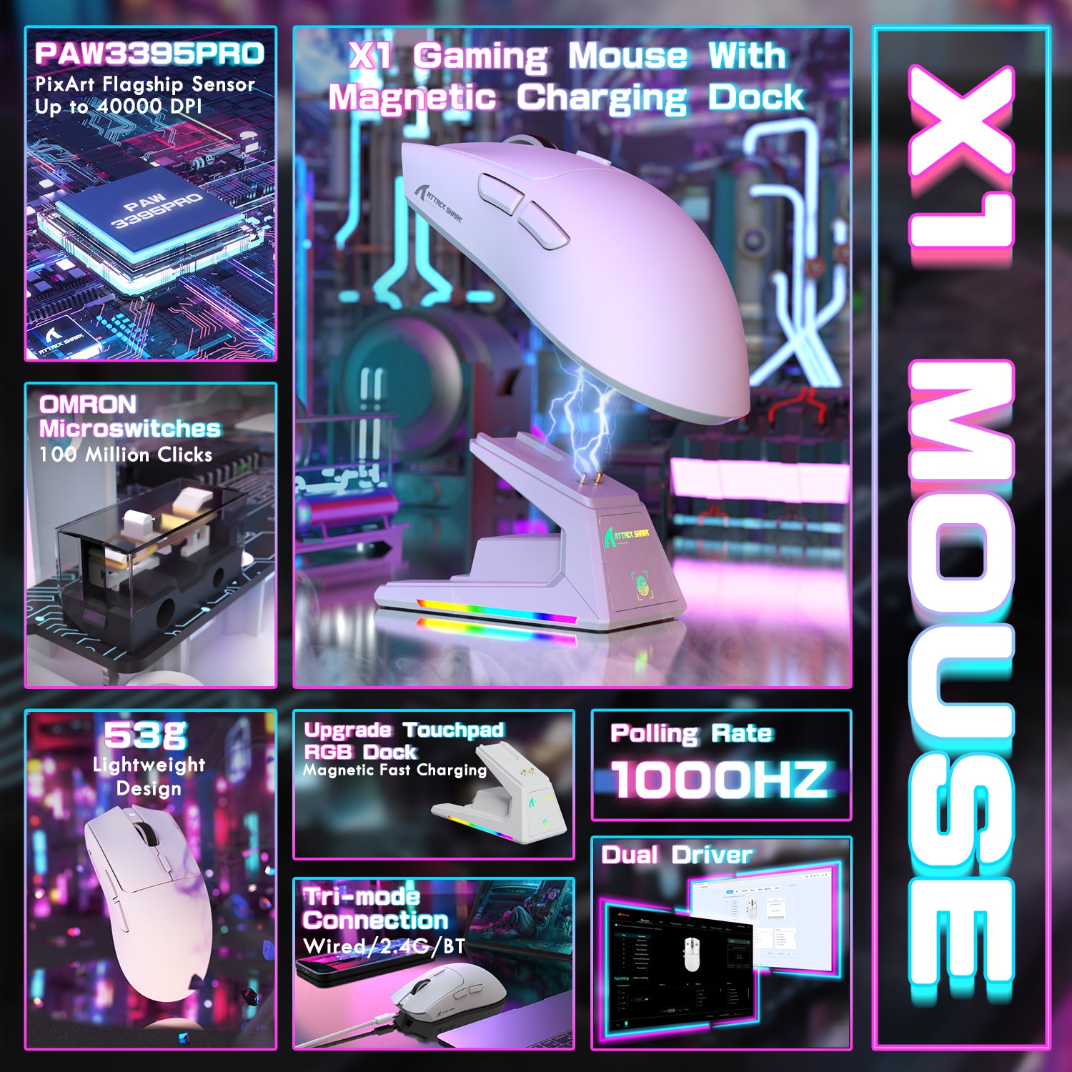 ATTACK SHARK X1 gaming mouse with magnetic charging dock, PAW3395PRO sensor, and RGB lighting. 53g Lightweight Design