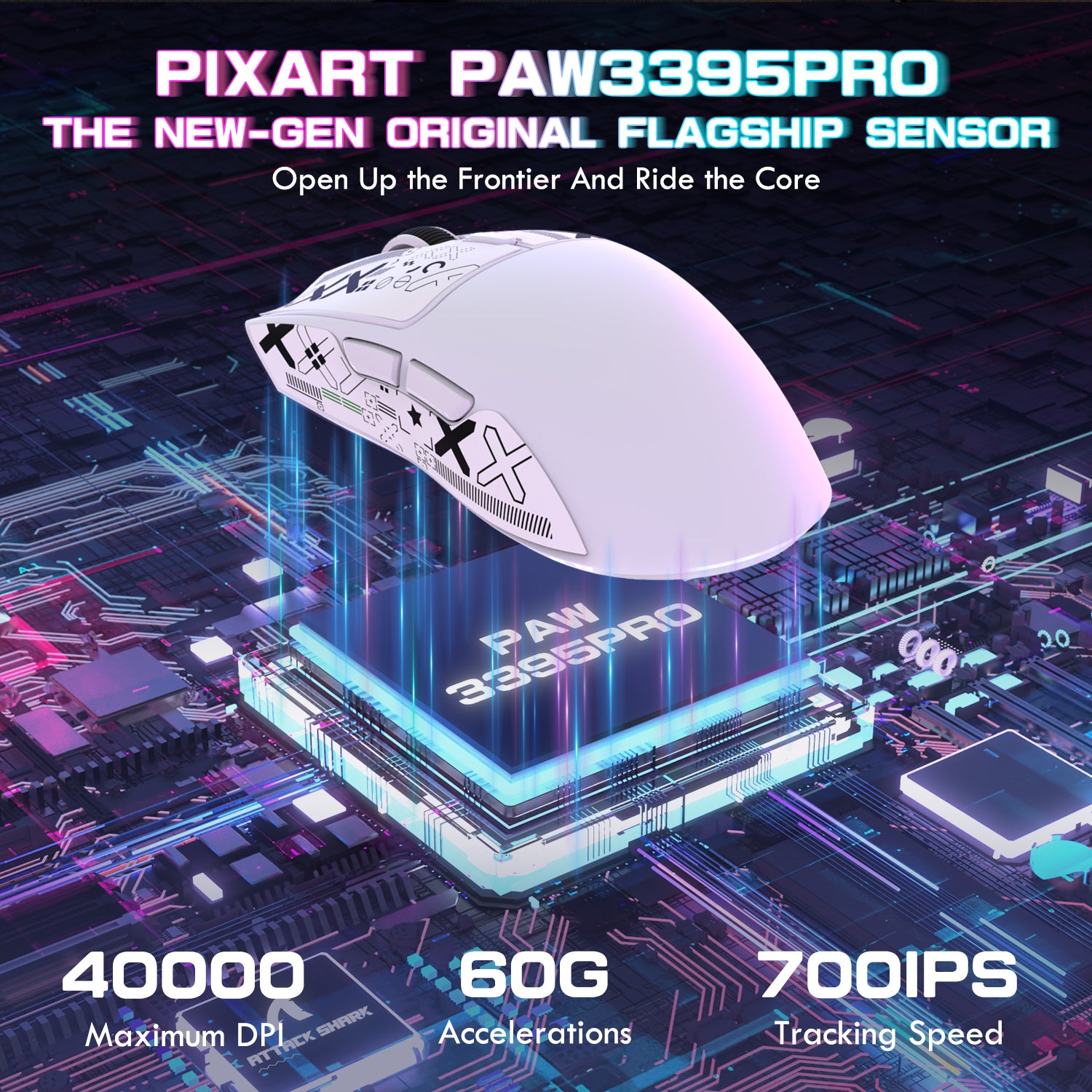 ATTACK SHARK X1 white gaming mouse with PAW3395PRO sensor, 40000 DPI, 60G acceleration, 700IPS tracking speed.