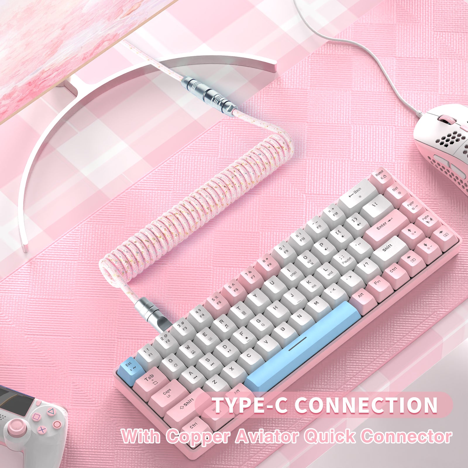 ATTACK SHARK C05 coiled cable with USB-C connection and copper aviator quick connector, pink keyboard and mouse setup.