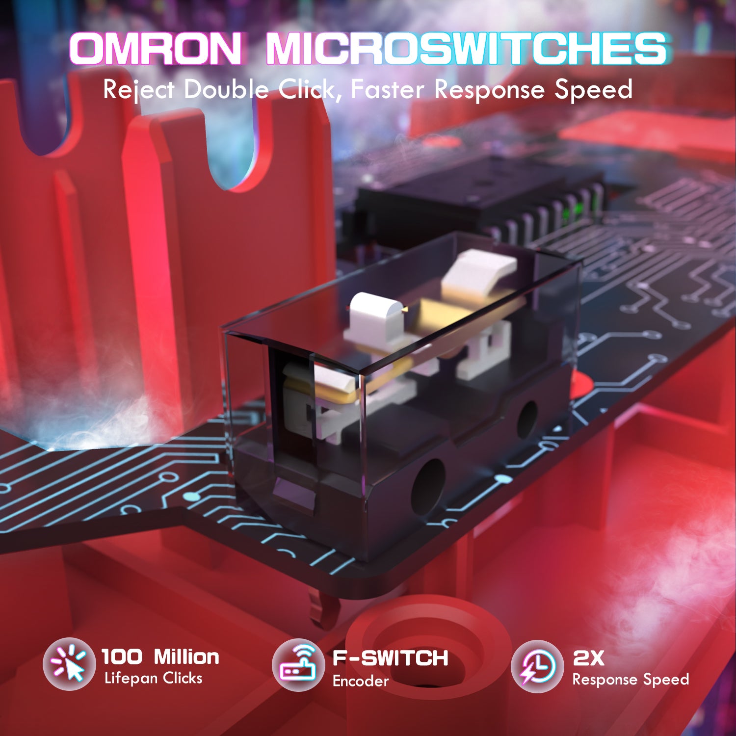 ATTACK SHARK X1 gaming mouse featuring OMRON microswitches, fast response, and F-SWITCH encoder