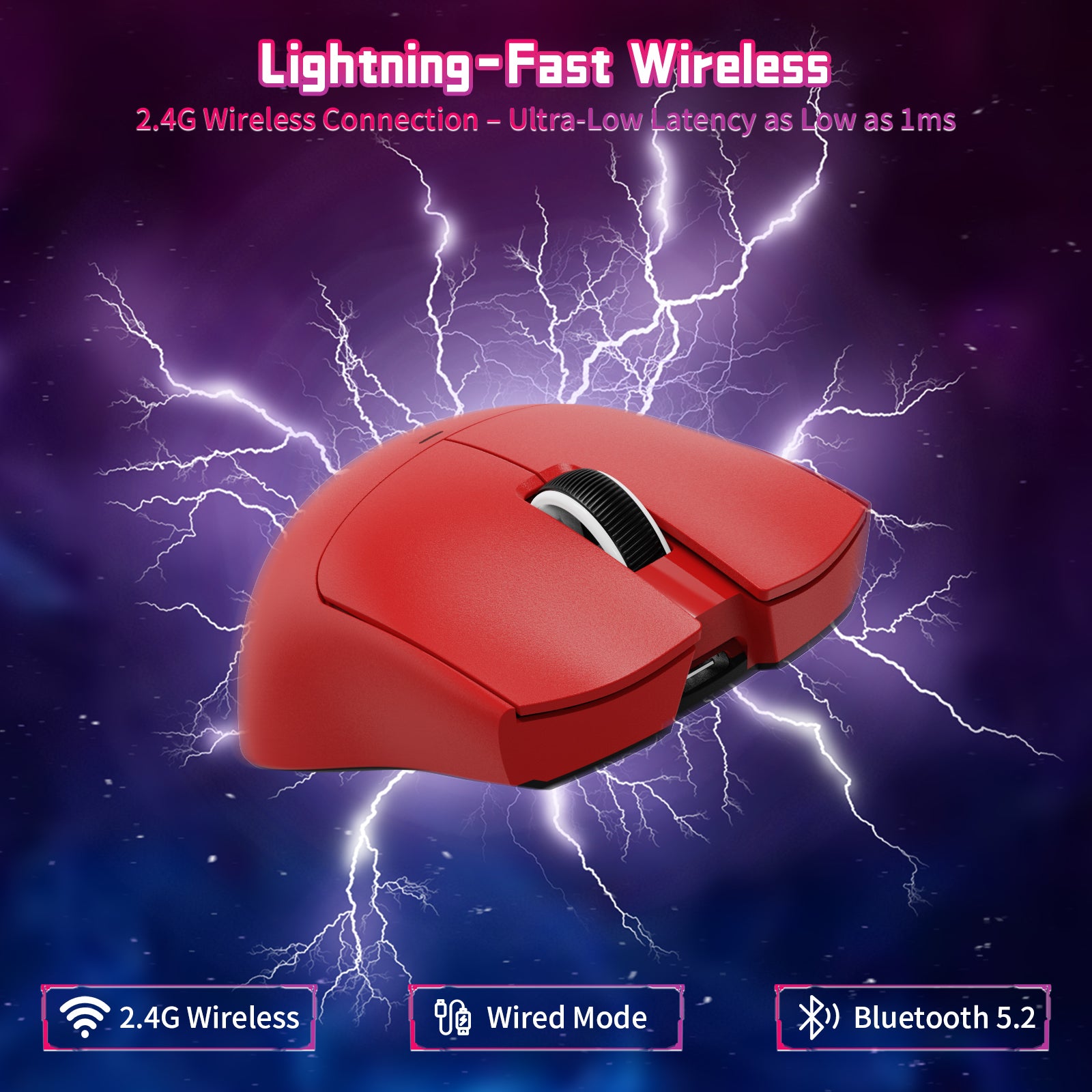 ATTACK SHARK X11SE Wireless Gaming Mouse in Red. Features 2.4G, Wired, Bluetooth 5.2 connections and lightning-fast wireless.