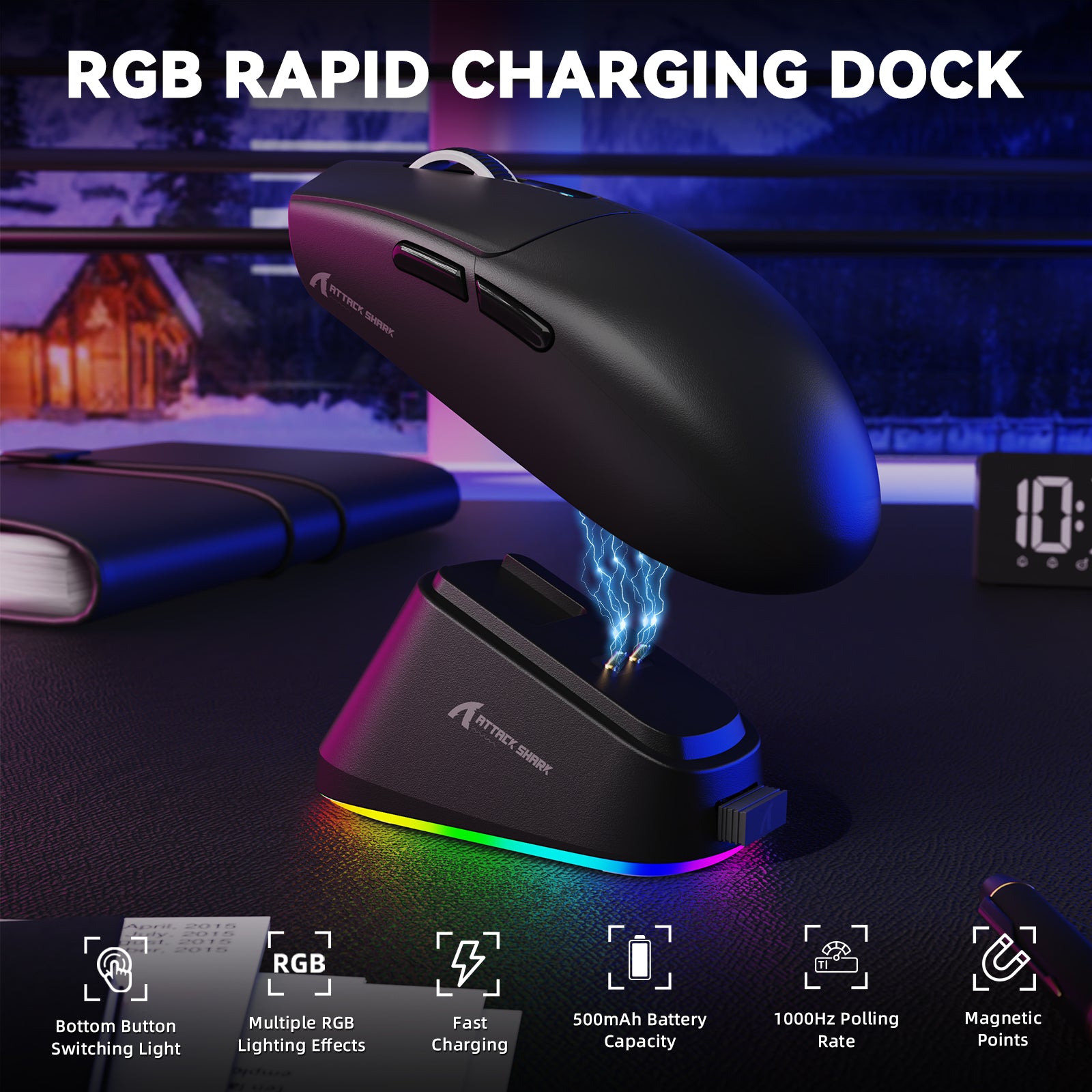 Black Attack Shark gaming mouse charging on RGB rapid charging dock with colorful lighting and magnetic connection.