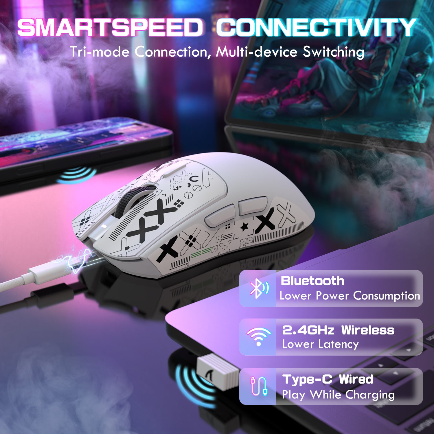 ATTACK SHARK X1 white gaming mouse, SmartSpeed tri-mode (Bluetooth, 2.4GHz, Type-C), multi-device switching.